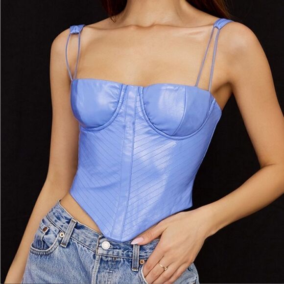 House Of Cb Melissa Vegan Leather Cornflower Blue Crop Top Corset Size XS - Picture 3 of 9